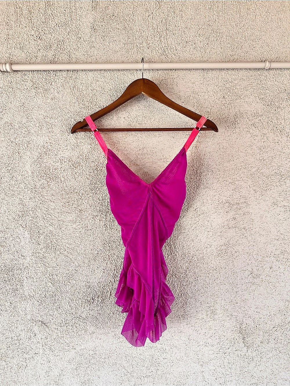 Solstice Intimates Deep V Mesh Ruffle Bodysuit in Ultraviolet